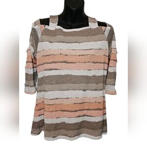 [Artex Fashion] Lightweight Cold Shoulder Long-sleeve Striped Blouse Women Med